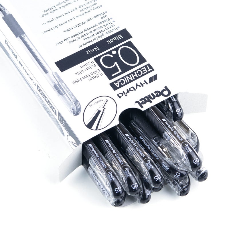 بنتل قلم Pentel Arts Hybrid Technica 0.5 مم، نقطة دقيقة للغاية، حبر أسود، صندوق من 12 قطعة (KN105-A) - Image 3